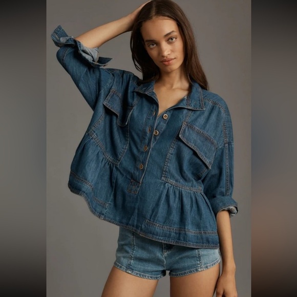 Pilcro Tops - Anthropologie Pilcro Long-Sleeve Denim Crop Babydoll Top blouse